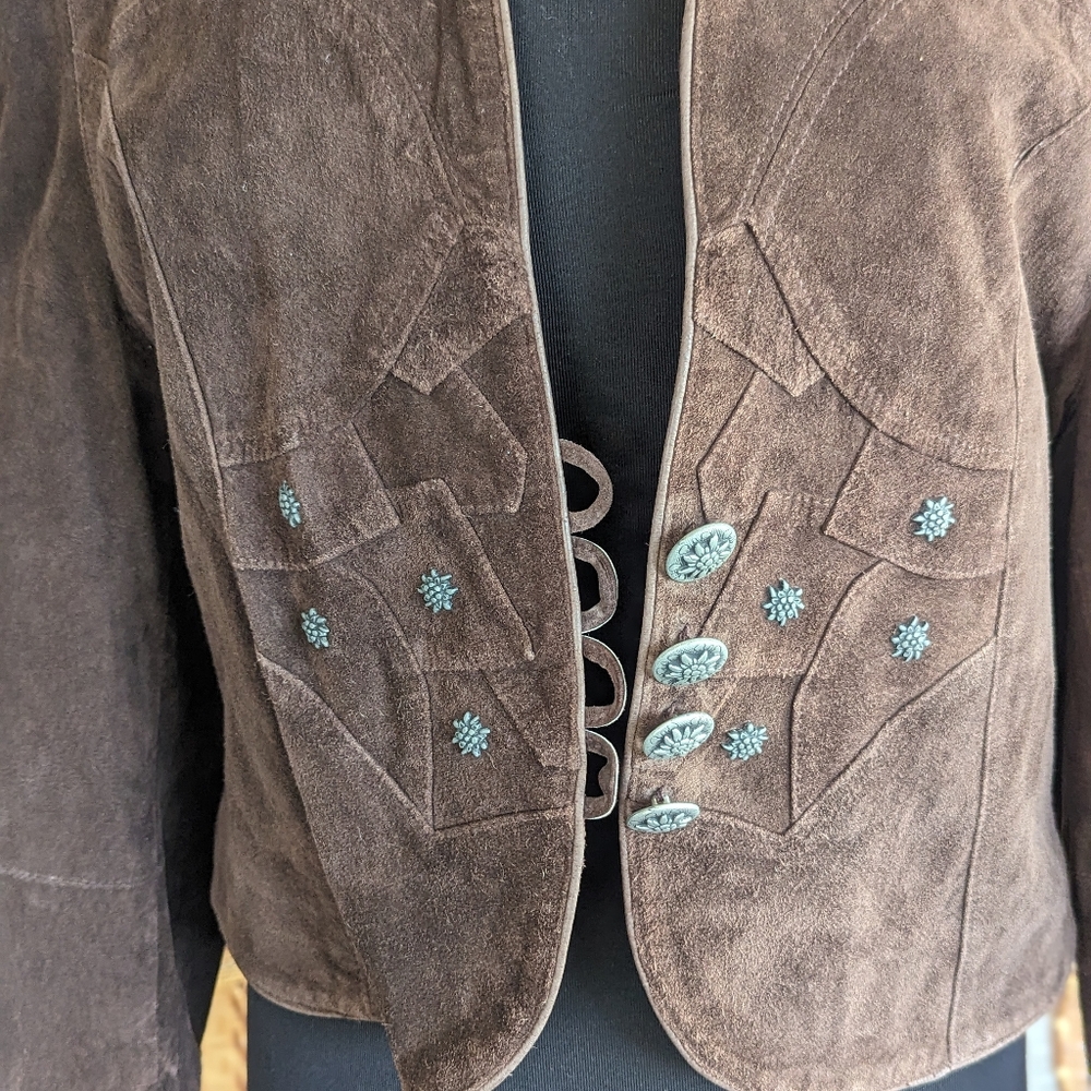 Authentic Vintage Landhaus Suede Leather Blazer Dirndl Tirolean Folklore Lg - Picture 11 of 16